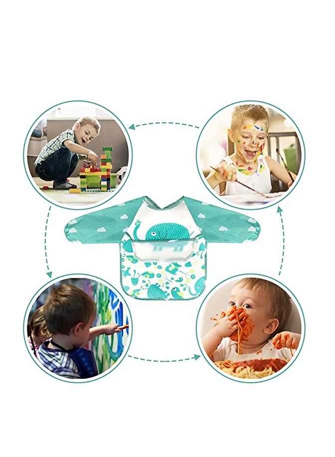 Baby Long Sleeve Bibs, Waterproof Bibs with Pocket, Baby Sleeved Bib, Toddler Smocks, Unisex Feeding Weaning Bib for Infant Toddler 6 Months to 3 Years Old 4 Pcs