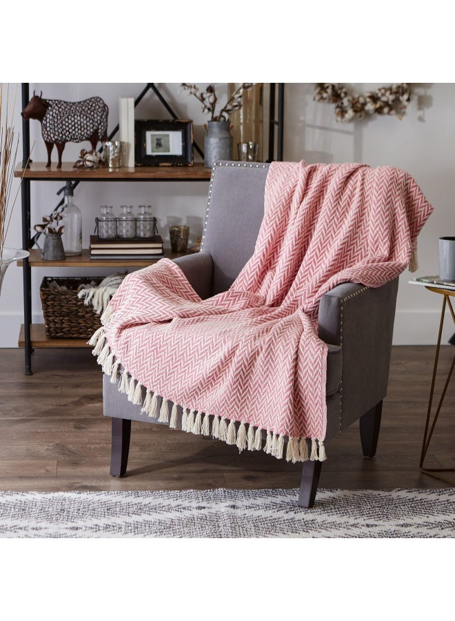 Modern Zig Zag Throw Blanket Woven Cotton Hand Knotted 2.5 Fringe 50X60 Blush Pink