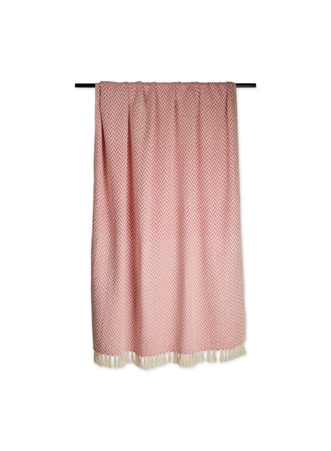 Modern Zig Zag Throw Blanket Woven Cotton Hand Knotted 2.5 Fringe 50X60 Blush Pink