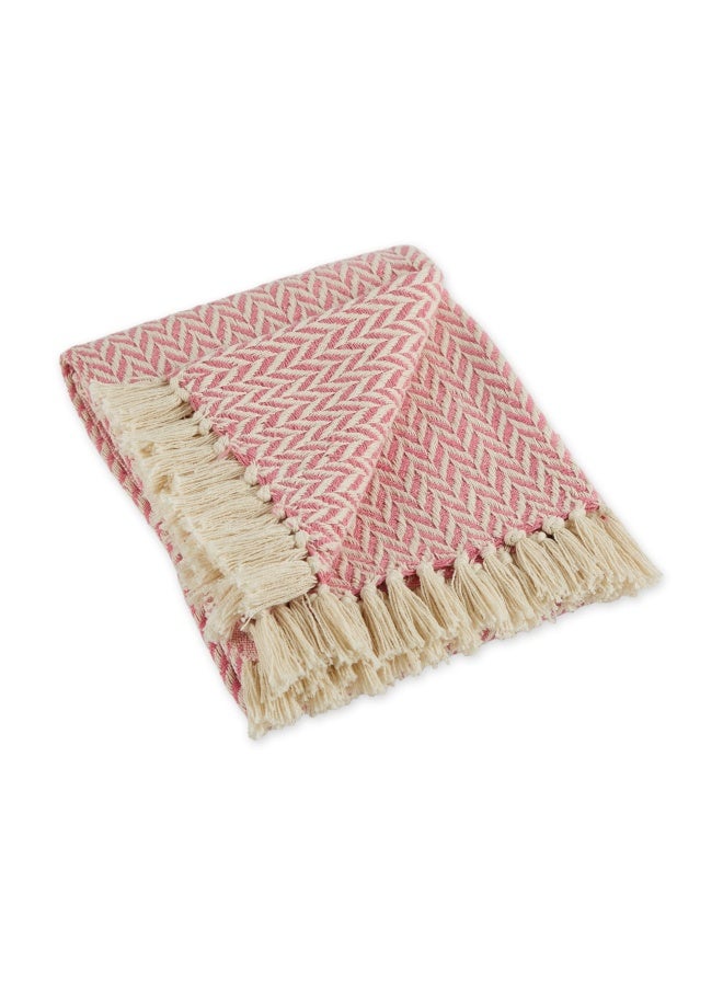 Modern Zig Zag Throw Blanket Woven Cotton Hand Knotted 2.5 Fringe 50X60 Blush Pink