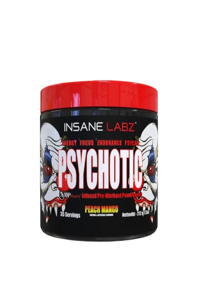 Insane Labz Psychotic, High Stimulant Pre Workout Powder, Extreme Lasting Energy, Focus and Endurance with Beta Alanine, Creatine Monohydrate DMAE, 35 Srvgs (Peach Mango)