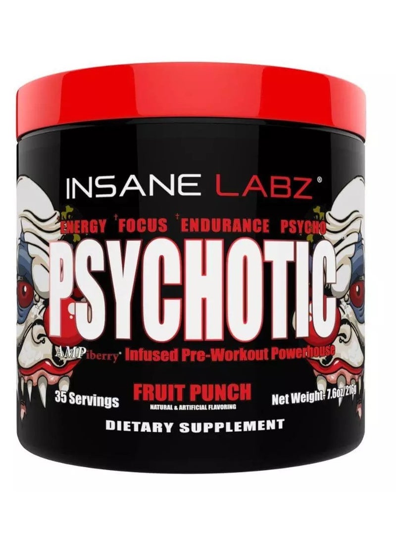 Insane Labz Psychotic, High Stimulant Pre Workout Powder, Extreme Lasting Energy, Focus and Endurance with Beta Alanine, Creatine Monohydrate DMAE, 35 Srvgs (Fruit Punch)