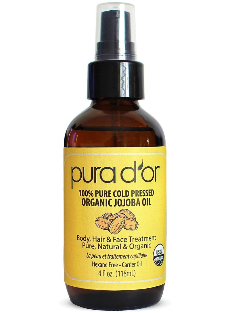 PURA D'OR Organic Jojoba Oil (4oz / 118mL) 100% Pure USDA Certified Premium Grade Natural Moisturizer: Cold Pressed,Unrefined,Hexane-Free Base Carrier for DIY Skin Care,Hair,Face & Nails