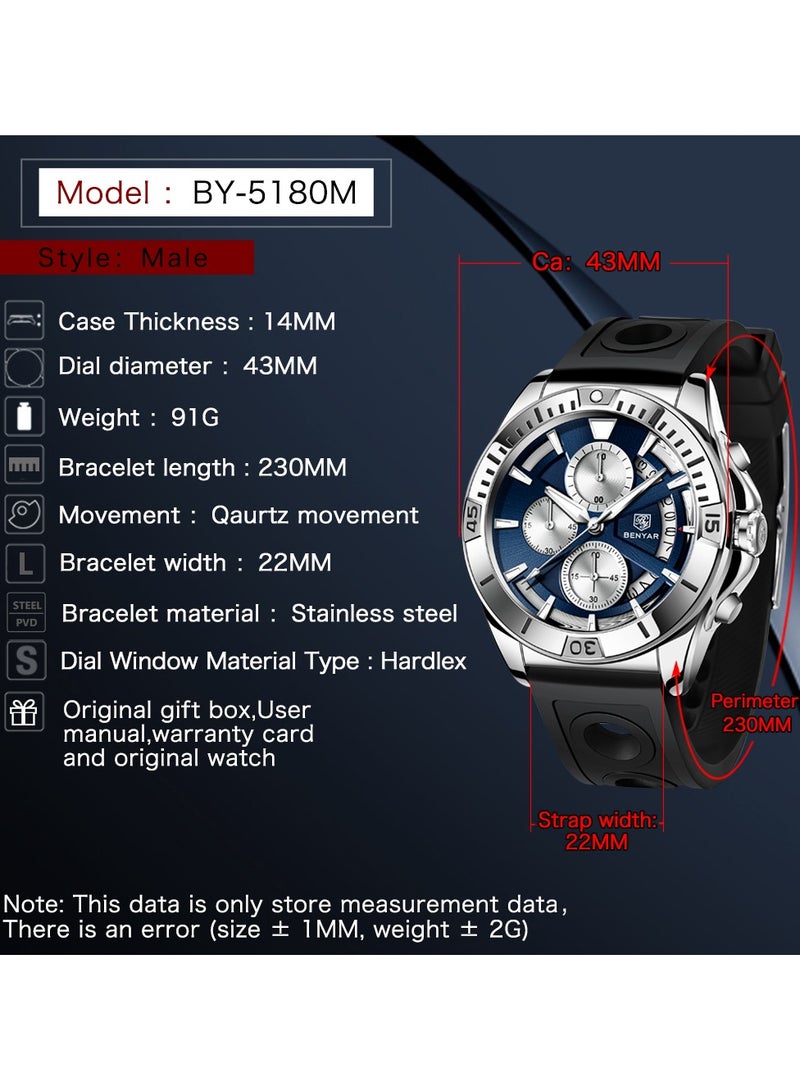 Watches for Men Watch Quartz Luxury Chronograph Water Resistant Watch 5180 230mm