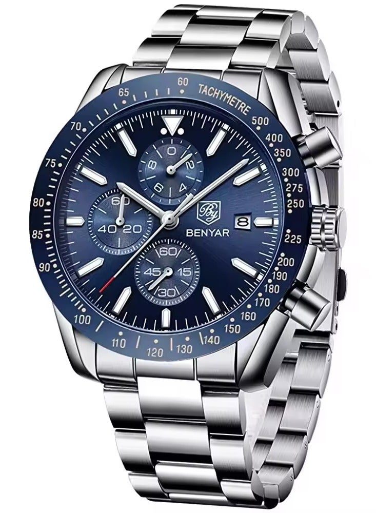 Watches for Men Watch Quartz Luxury Stainless Steel Water Resistant Chronograph Watch 5140 Silver