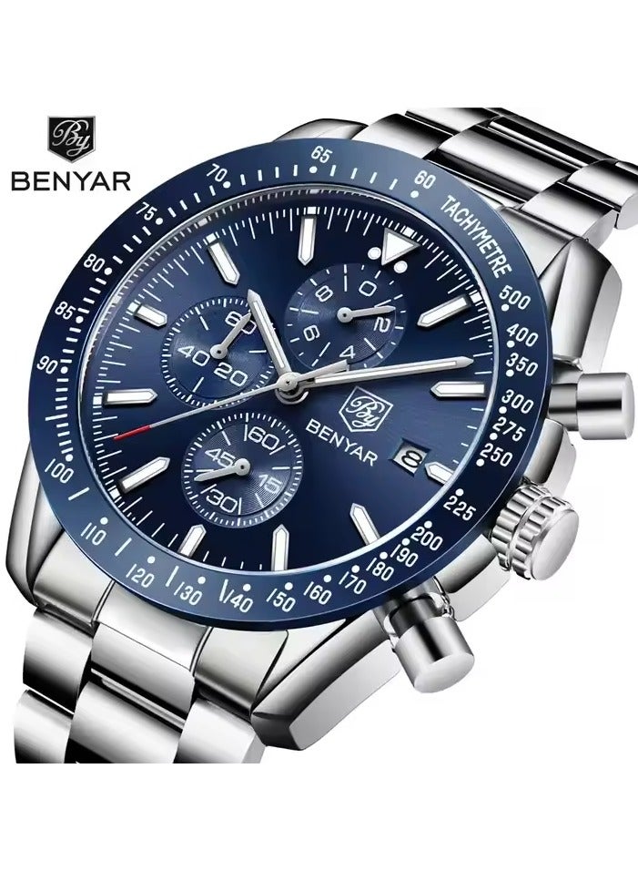 Watches for Men Watch Quartz Luxury Stainless Steel Water Resistant Chronograph Watch 5140 Silver