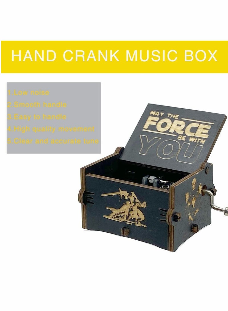 Star Wars Wooden Music Box, Hand Crank Vintage Musical Decor, Laser Engraved Mini Antique Gift for Weddings, Birthdays, and Special Occasions, Unique Home Decoration (Black)