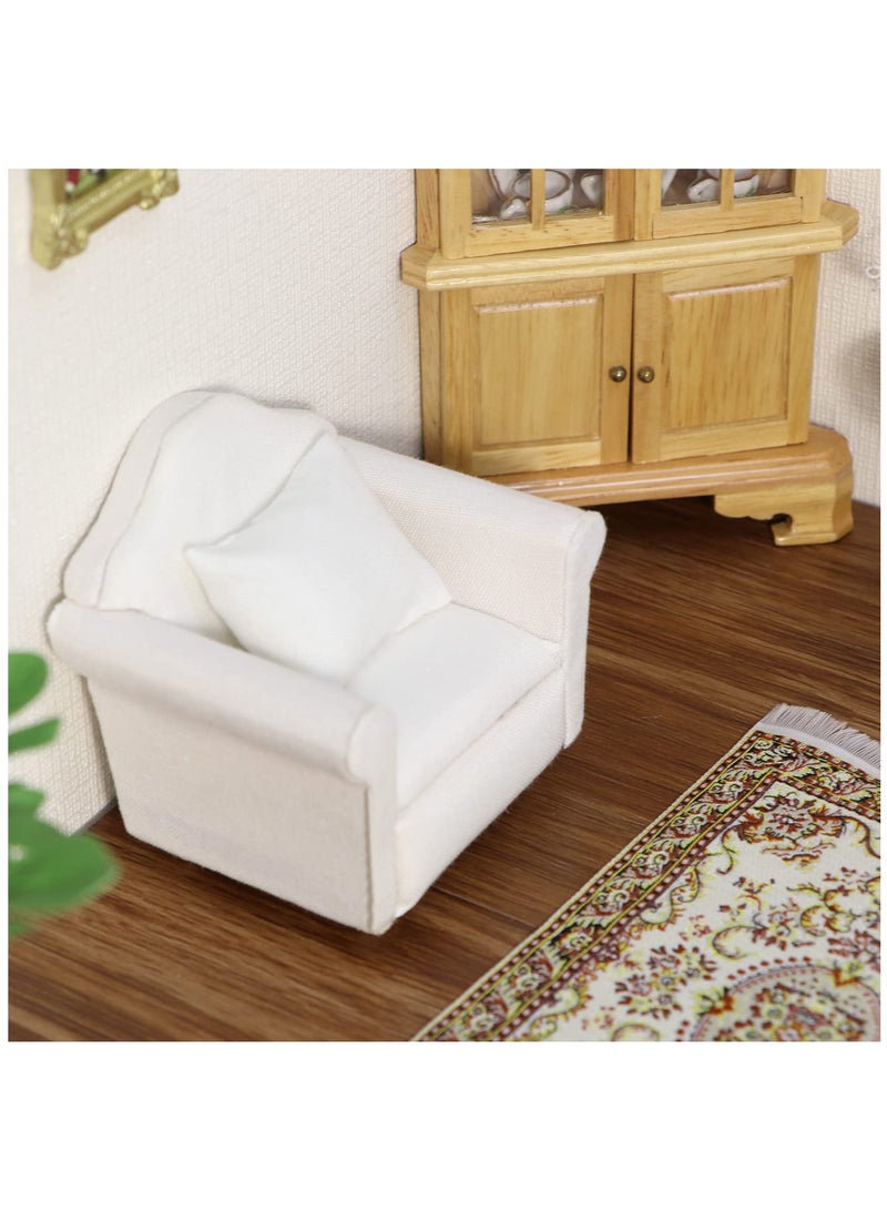 Miniature Dollhouse Couch with Pillow, 1:12 Scale Wooden Sofa for Living Room Decoration, White Fabric Armchair for Dollhouse Scenes