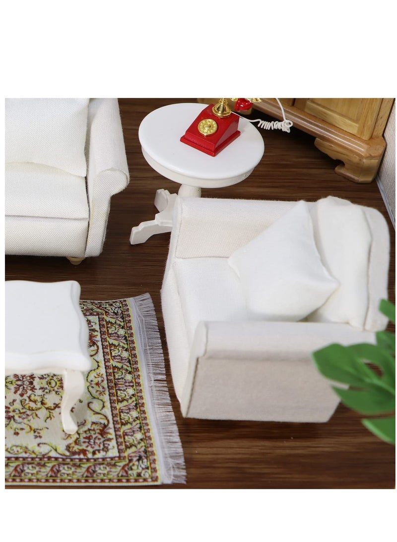 Miniature Dollhouse Couch with Pillow, 1:12 Scale Wooden Sofa for Living Room Decoration, White Fabric Armchair for Dollhouse Scenes