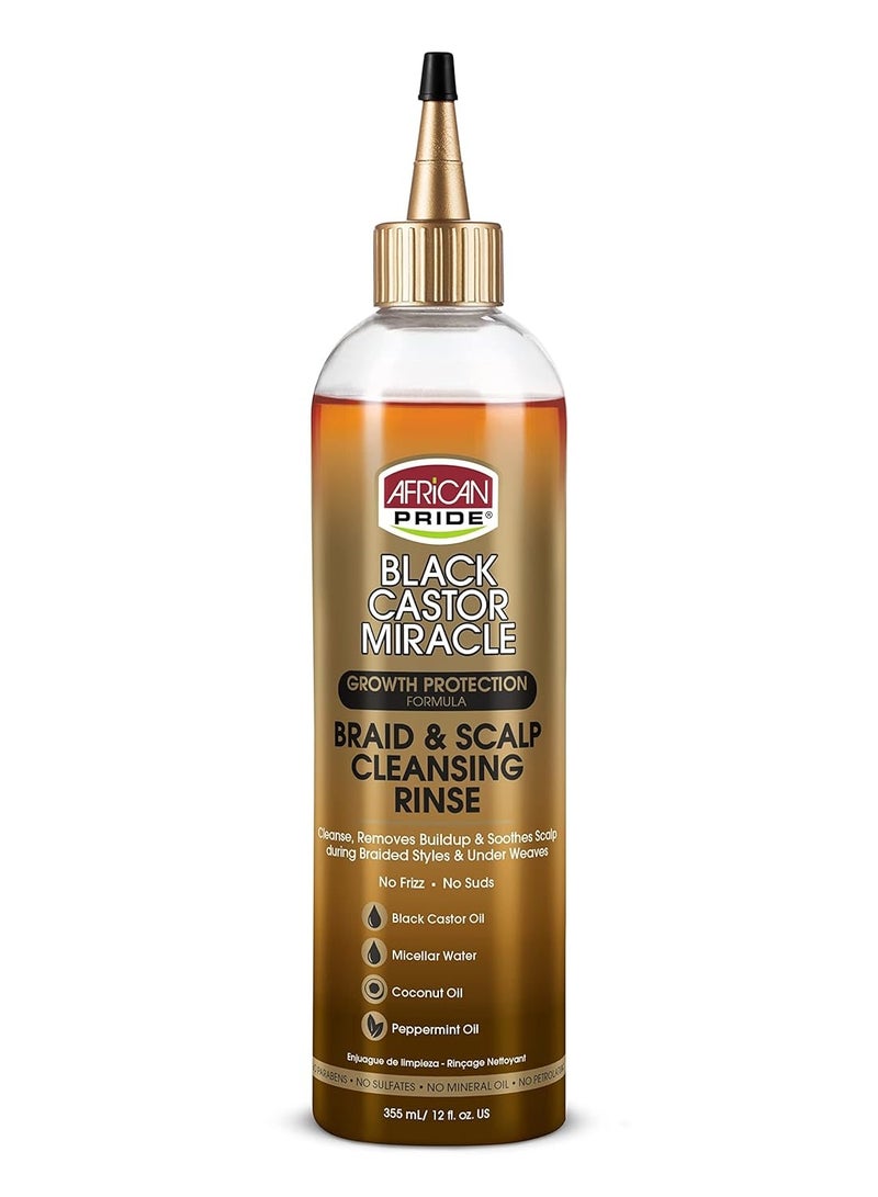 African Pride Black Castor Miracle Braid & Scalp Cleansing Rinse - Removes Hair Build Up & Soothes Scalp, No Frizz, Contains Black Castor Oil, Micellar Water, Coconut Oil, Peppermint Oil, 12 oz