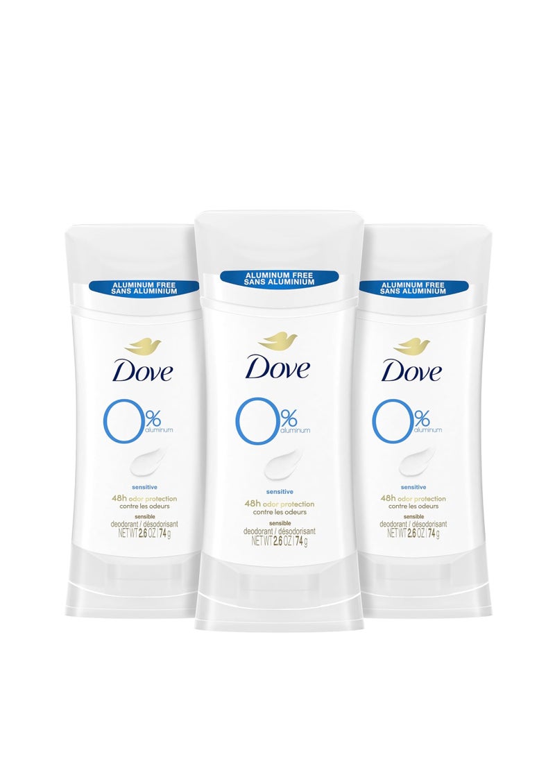 Dove 0% Aluminum Deodorant Stick Sensitive 3 Count Non-irritating Deodorant for Underarm Care Kindest Aluminum Free Deodorant 2.6 oz