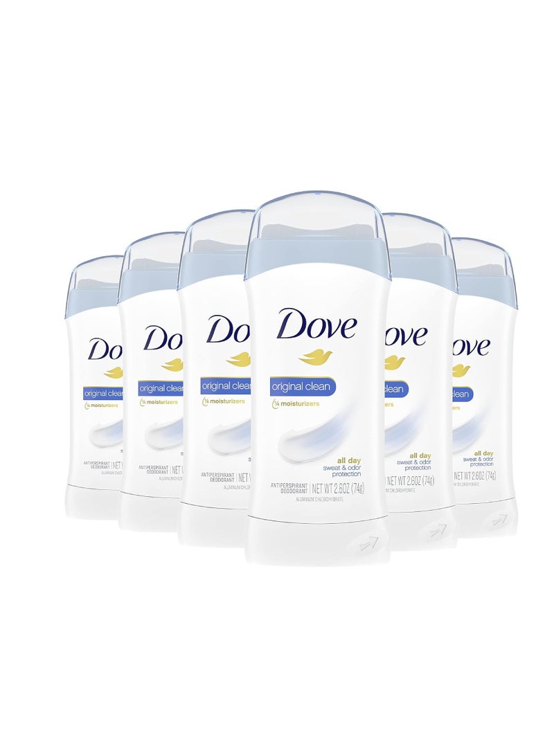 Dove Invisible Solid Antiperspirant Deodorant Stick for Women, Original Clean, For All Day Underarm Sweat and Odor Protection 2.6 oz, Pack of 6