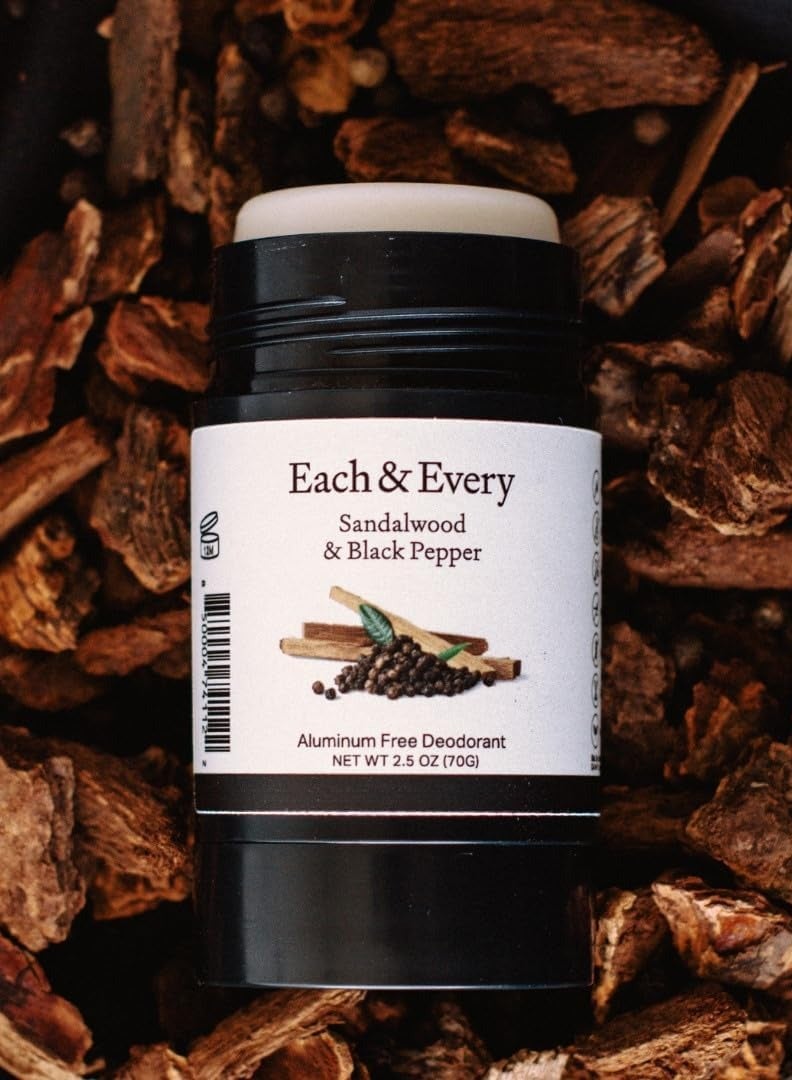 Each & Every Natural Aluminum-Free Deodorant for Sensitive Skin with Essential Oils, Plant-Based Packaging, Sandalwood & Black Pepper, 2.5 Oz.