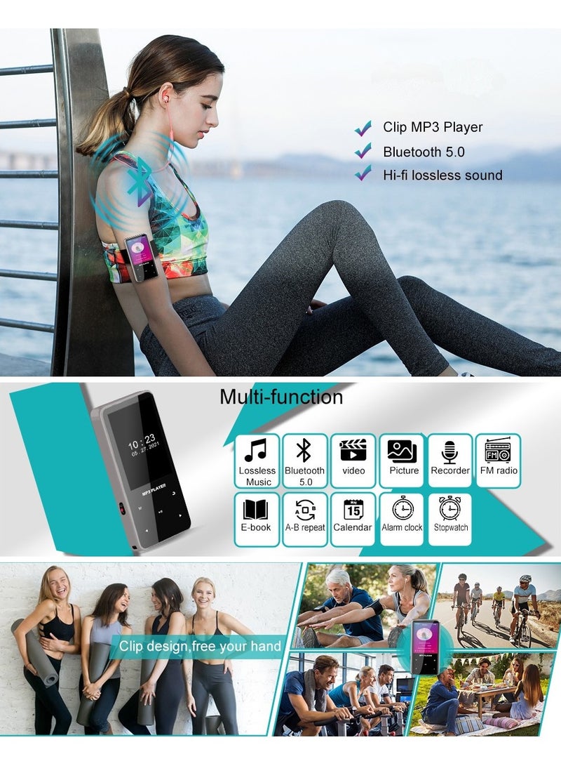 32GB Mp3 Player with Bluetooth 5.0 Music Player Voice Recorder Portable Digital Lossless Music MP3 MP4 Player for Kids with FM Radio HD Speaker for Sports Running Super Light Metal Shell Touch Buttons Support 128GB Expansion