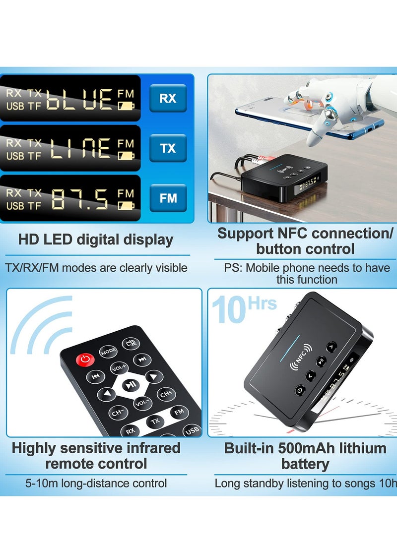 Bluetooth 5.0 3-in-1 Transmitter and Receiver Adapter - 3.5mm AUX, RCA, USB for Wireless Hi-Fi Stereo Audio Music - Compatible with Home and Car Sound Systems