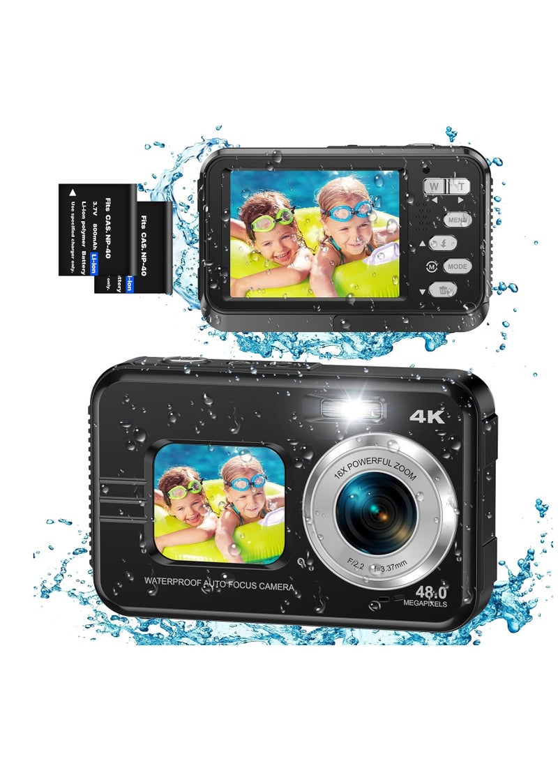 4K Underwater Camera 11FT Waterproof Camera with 64GB Card 48MP Autofocus Dual-Screen Selfie Underwater Camera for Snorkeling(Black)