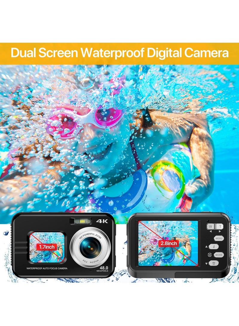 4K Underwater Camera 11FT Waterproof Camera with 64GB Card 48MP Autofocus Dual-Screen Selfie Underwater Camera for Snorkeling(Black)