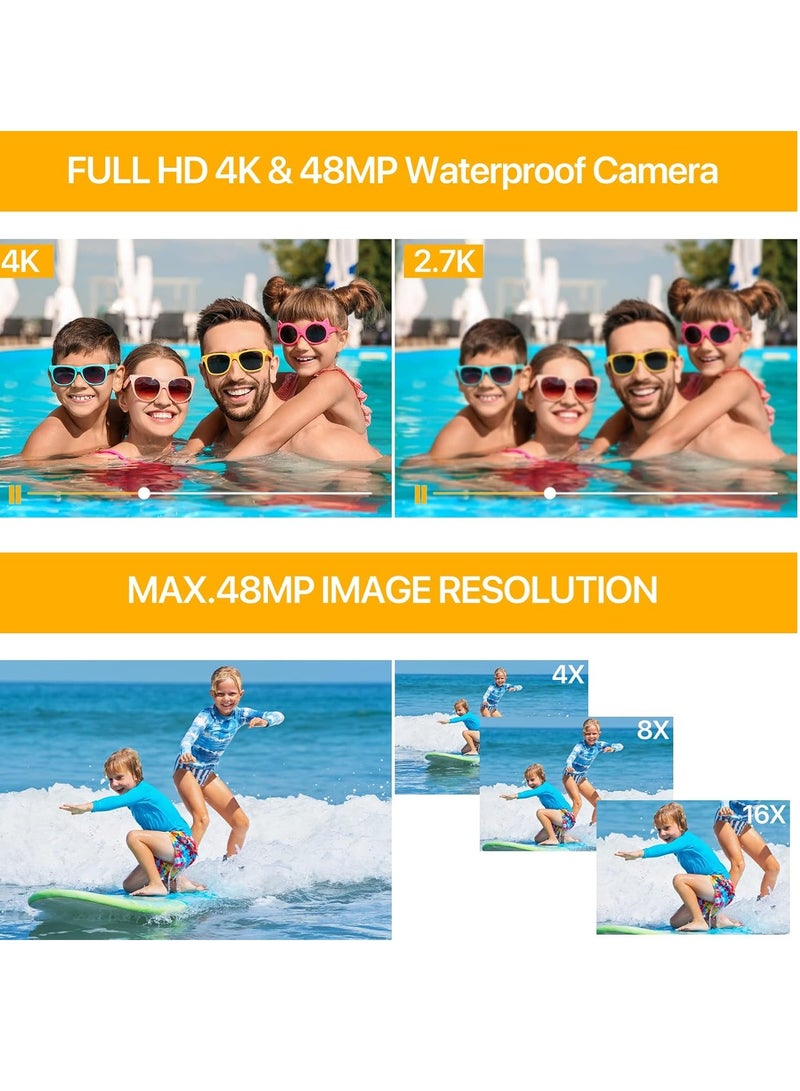 4K Underwater Camera 11FT Waterproof Camera with 64GB Card 48MP Autofocus Dual-Screen Selfie Underwater Camera for Snorkeling(Black)