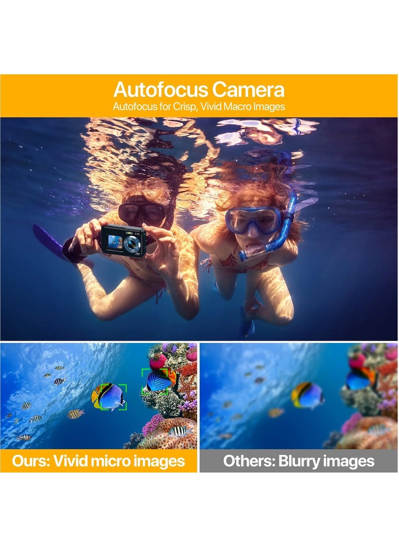 4K Underwater Camera 11FT Waterproof Camera with 64GB Card 48MP Autofocus Dual-Screen Selfie Underwater Camera for Snorkeling(Black)