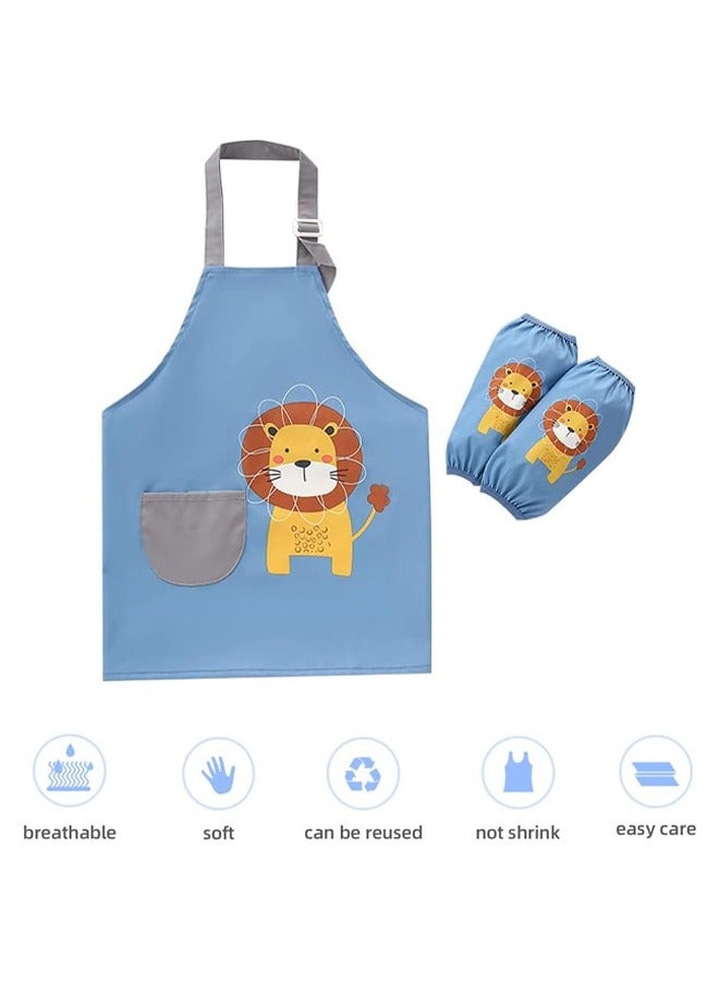 Lion Pattern Kids Toddler Painting Apron Set with Pocket and 2 Sleeves Adjustable Waterproof Children Artist Apron for Age 3 - 6 Years Boy and Girl for Craft Water Play Eating Cooking Drawing