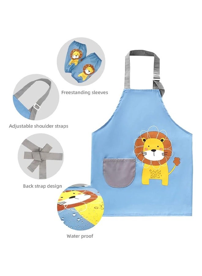 Lion Pattern Kids Toddler Painting Apron Set with Pocket and 2 Sleeves Adjustable Waterproof Children Artist Apron for Age 3 - 6 Years Boy and Girl for Craft Water Play Eating Cooking Drawing