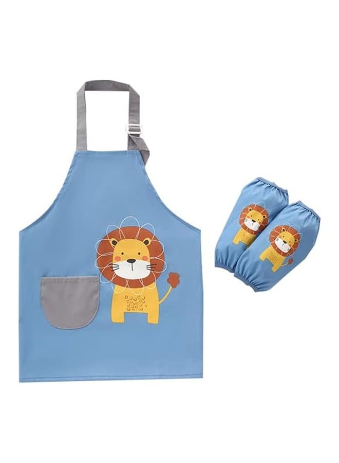 Lion Pattern Kids Toddler Painting Apron Set with Pocket and 2 Sleeves Adjustable Waterproof Children Artist Apron for Age 3 - 6 Years Boy and Girl for Craft Water Play Eating Cooking Drawing