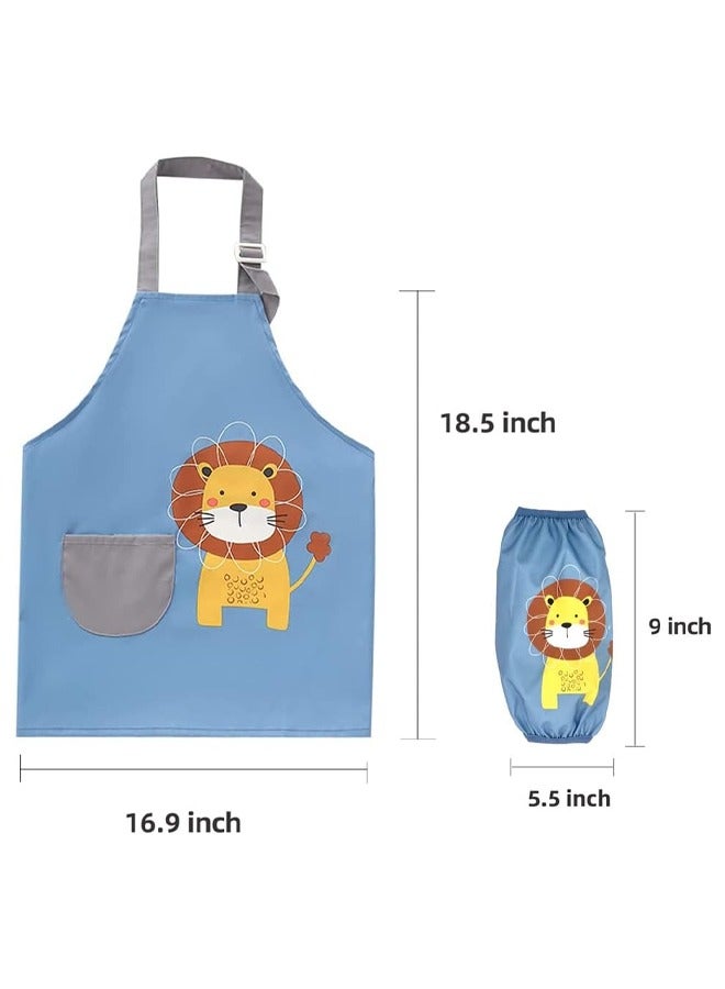 Lion Pattern Kids Toddler Painting Apron Set with Pocket and 2 Sleeves Adjustable Waterproof Children Artist Apron for Age 3 - 6 Years Boy and Girl for Craft Water Play Eating Cooking Drawing