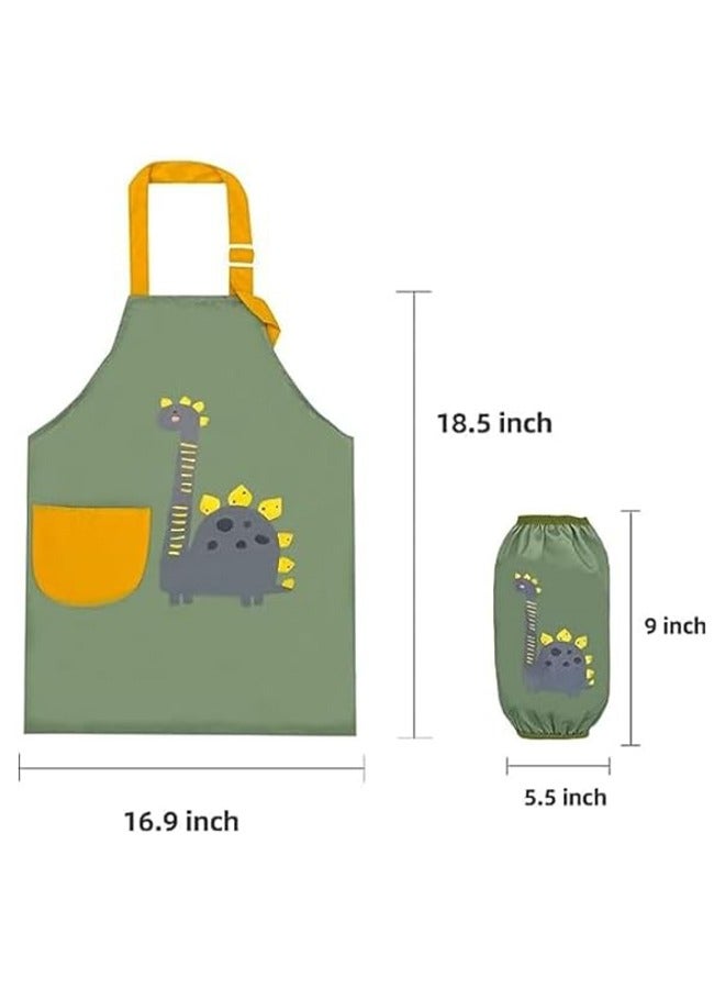 Dinosaur Pattern Kids Toddler Painting Apron Set with Pocket and 2 Sleeves Adjustable Waterproof Children Artist Apron for Age 3 - 6 Years Boy and Girl for Craft Water Play Eating Cooking Drawing