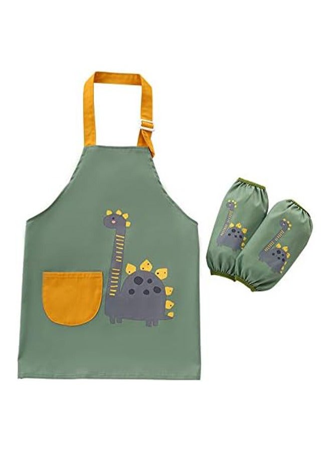 Dinosaur Pattern Kids Toddler Painting Apron Set with Pocket and 2 Sleeves Adjustable Waterproof Children Artist Apron for Age 3 - 6 Years Boy and Girl for Craft Water Play Eating Cooking Drawing