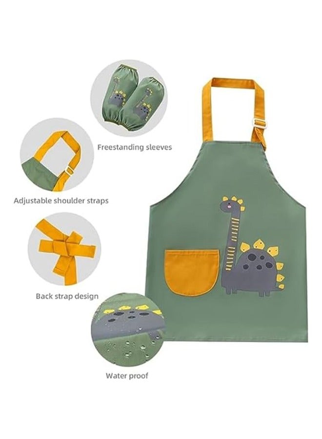 Dinosaur Pattern Kids Toddler Painting Apron Set with Pocket and 2 Sleeves Adjustable Waterproof Children Artist Apron for Age 3 - 6 Years Boy and Girl for Craft Water Play Eating Cooking Drawing