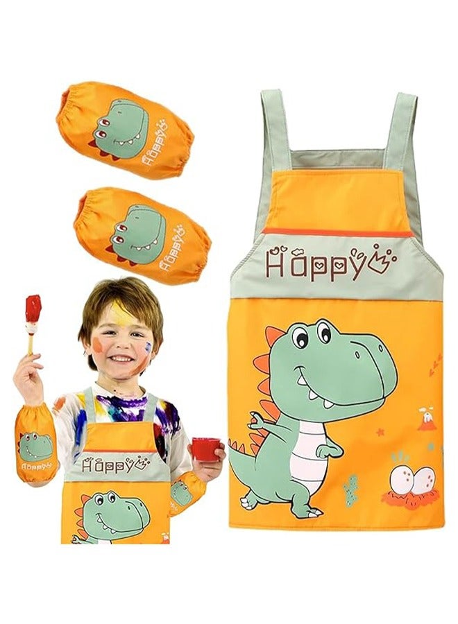 Dinosaur Pattern Kids Toddler Painting Apron Set with Pocket and 2 Sleeves Adjustable Waterproof Children Artist Apron for Age 2 - 5 Years Boy and Girl for Craft Water Play Eating Cooking Drawing