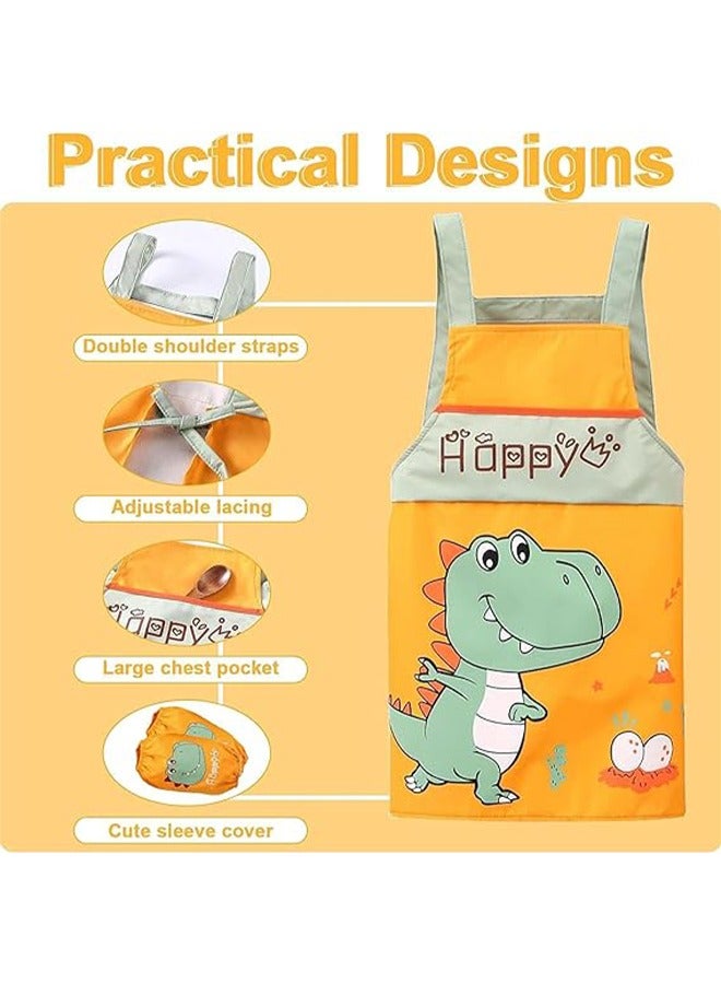 Dinosaur Pattern Kids Toddler Painting Apron Set with Pocket and 2 Sleeves Adjustable Waterproof Children Artist Apron for Age 2 - 5 Years Boy and Girl for Craft Water Play Eating Cooking Drawing