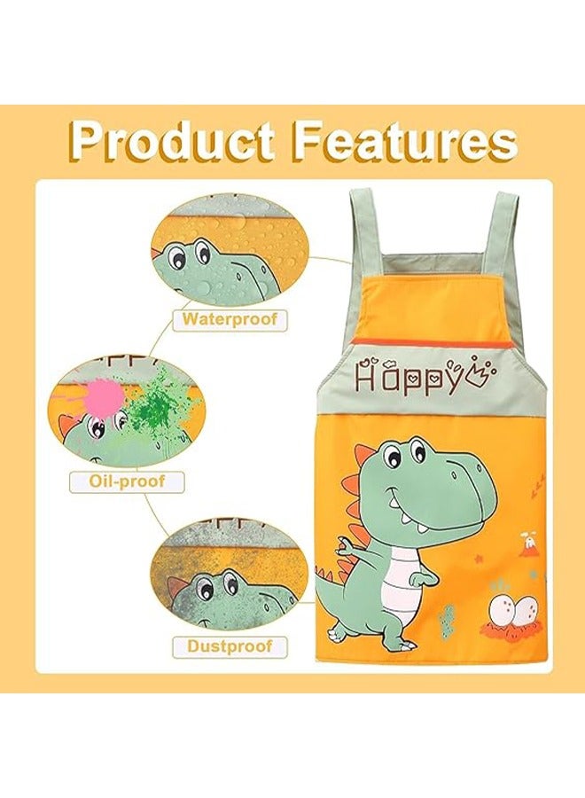 Dinosaur Pattern Kids Toddler Painting Apron Set with Pocket and 2 Sleeves Adjustable Waterproof Children Artist Apron for Age 2 - 5 Years Boy and Girl for Craft Water Play Eating Cooking Drawing