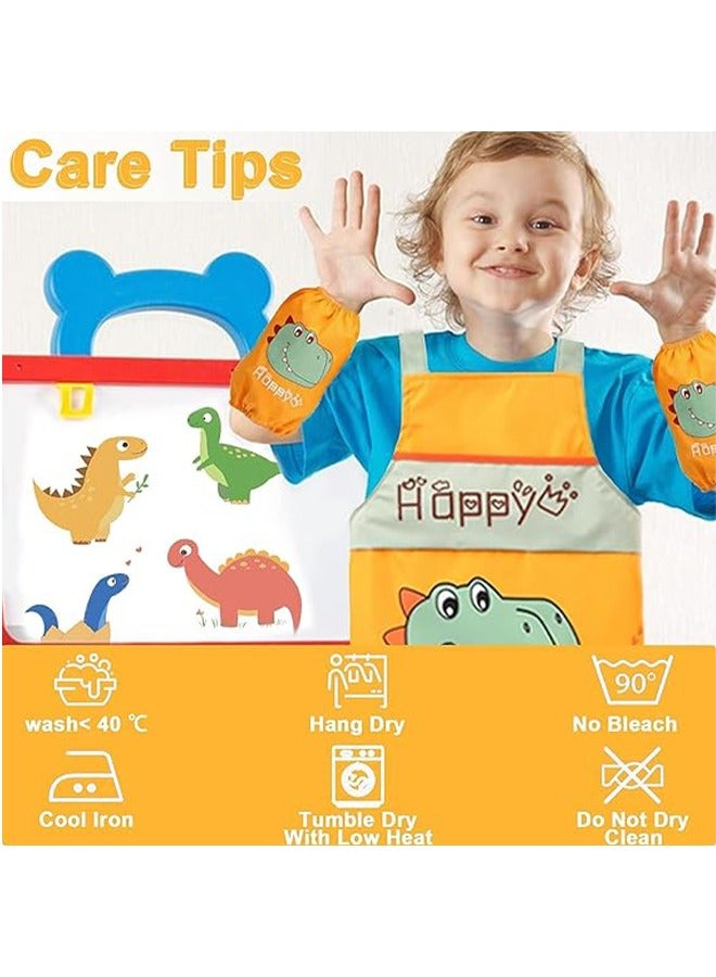 Dinosaur Pattern Kids Toddler Painting Apron Set with Pocket and 2 Sleeves Adjustable Waterproof Children Artist Apron for Age 2 - 5 Years Boy and Girl for Craft Water Play Eating Cooking Drawing