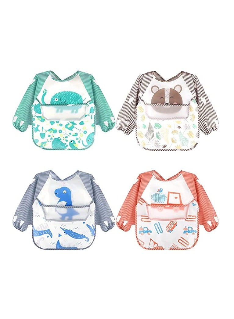 Baby Long Sleeve Bibs, Waterproof Bibs with Pocket, Baby Sleeved Bib, Toddler Smocks, Unisex Feeding Weaning Bib for Infant Toddler 6 Months to 3 Years Old 4 Pcs