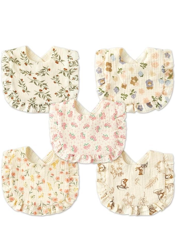 Muslin Baby Bibs, 5 Pieces Baby Bandana Drool Bibs, Adjustable Multi-Use Scarf Bibs 4-Layer 100% Organic Cotton With Super Absorbent& Soft Drooling Bibs Breathable for Boys Girls