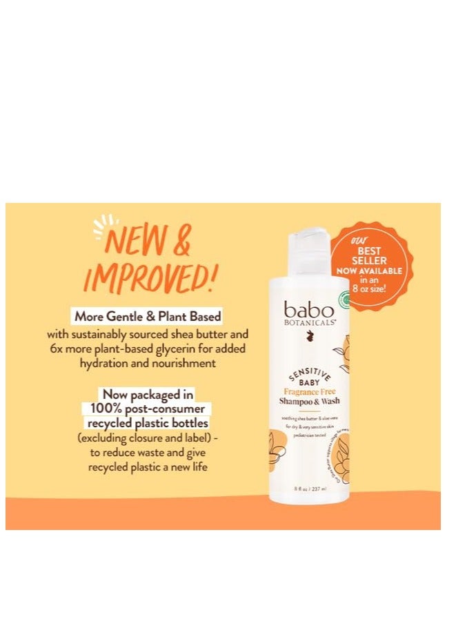 Babo Botanicals Sensitive Baby Fragrance-Free 2-in-1 Shampoo & Wash - Shea Butter, Calendula & Aloe Vera - EWG Verified - Cruelty-Free - Vegan - Pediatrician Tested - For Babies & Kids