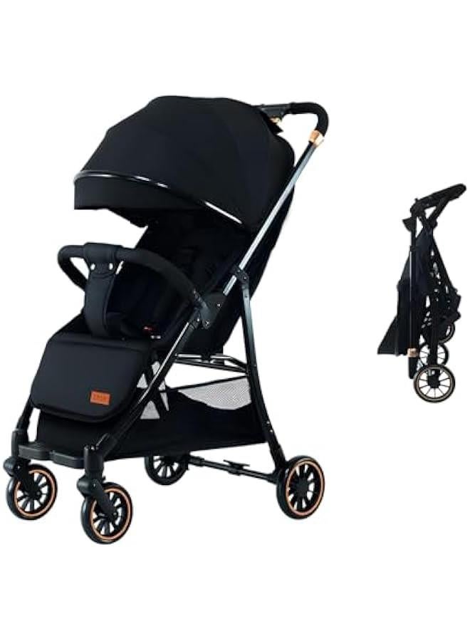 Hotsuae Foldable Baby Stroller With Storage Basket, Four-Wheel Suspension, One Click Folding, Can Sit Or Lie Down, 5-Point Seat Belt, 0 - 3 Years, Black