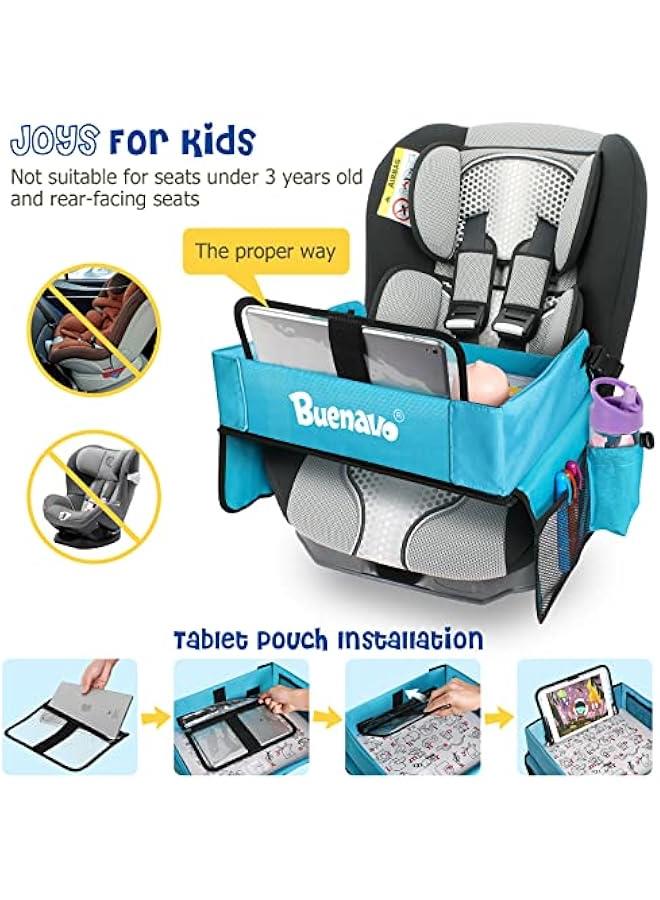 【New Version】 Car Seat Organizer Kids Travel Tray for Kids Toddlers Activities in Car Seat, Stroller, Airplane | Waterproof Dry Erase Top | Side Pocket & Water Bottle Holder