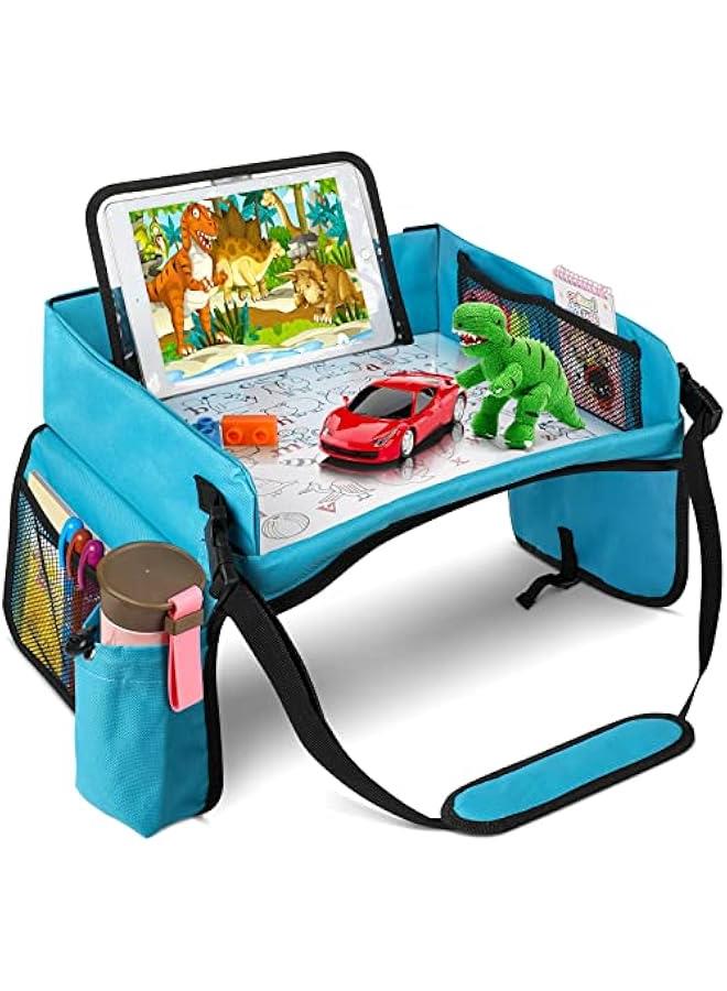 【New Version】 Car Seat Organizer Kids Travel Tray for Kids Toddlers Activities in Car Seat, Stroller, Airplane | Waterproof Dry Erase Top | Side Pocket & Water Bottle Holder