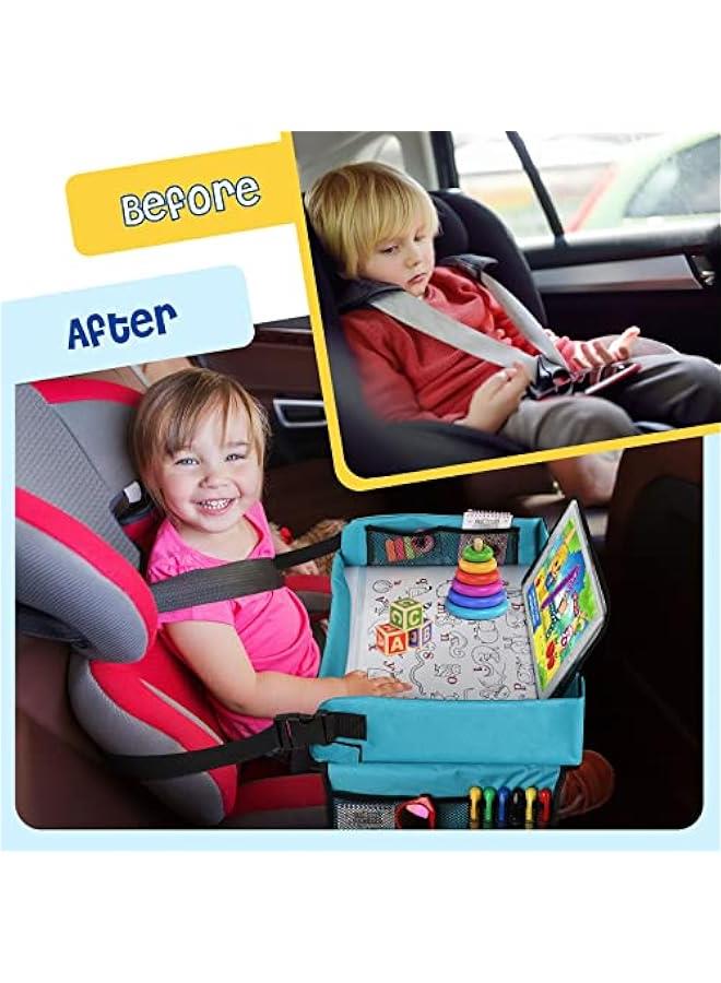 【New Version】 Car Seat Organizer Kids Travel Tray for Kids Toddlers Activities in Car Seat, Stroller, Airplane | Waterproof Dry Erase Top | Side Pocket & Water Bottle Holder