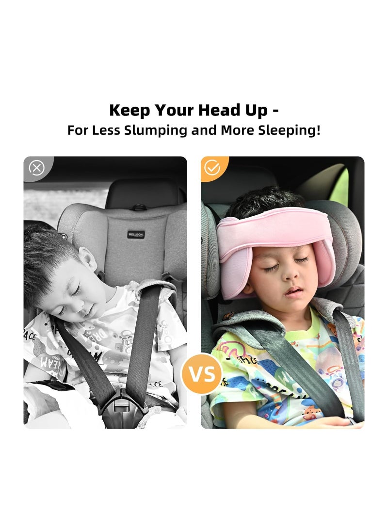 Adjustable Child Car Head Support & Sleep Aid Belt - Cotton Headrest for Baby Kids Toddler Safety Seat, Neck Support Strap & Head Protector (Pink)