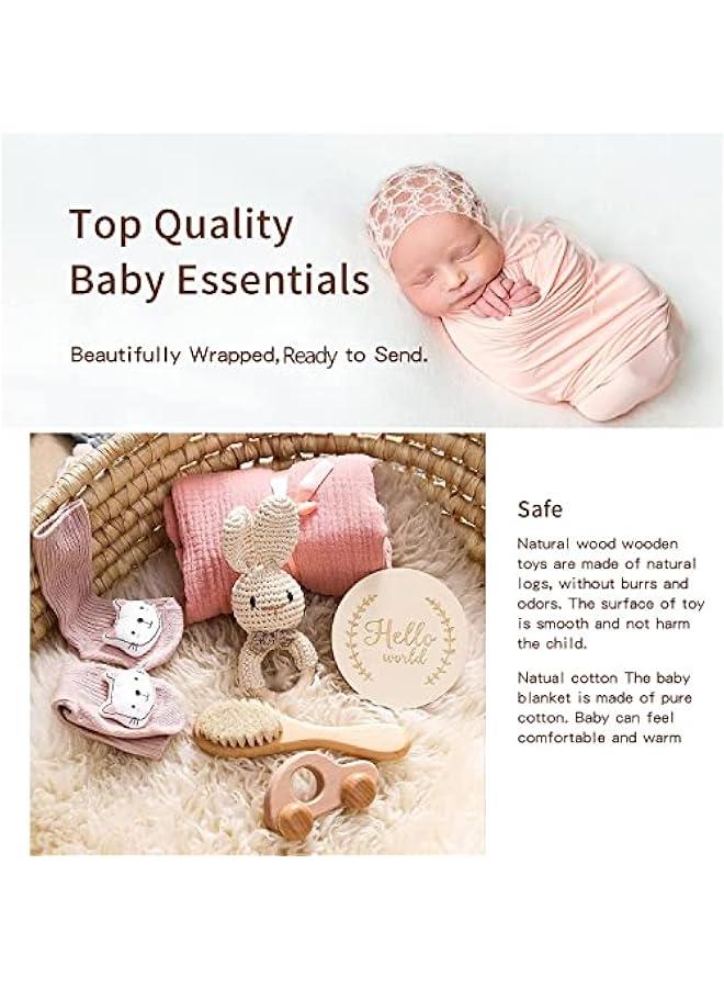 New Born Baby Gift Basket, Baby Boys Girls Shower Gifts with Wooden Rabbit Rattles, 6PCs New Born Essentials Bath Set with Baby Brush,Blanket,Milestones Cards