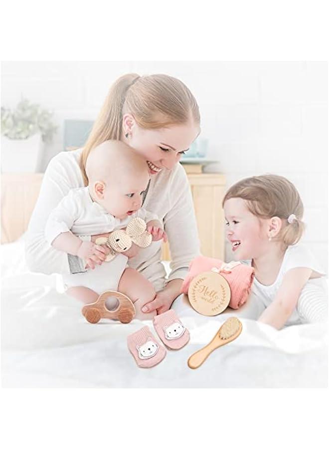 New Born Baby Gift Basket, Baby Boys Girls Shower Gifts with Wooden Rabbit Rattles, 6PCs New Born Essentials Bath Set with Baby Brush,Blanket,Milestones Cards