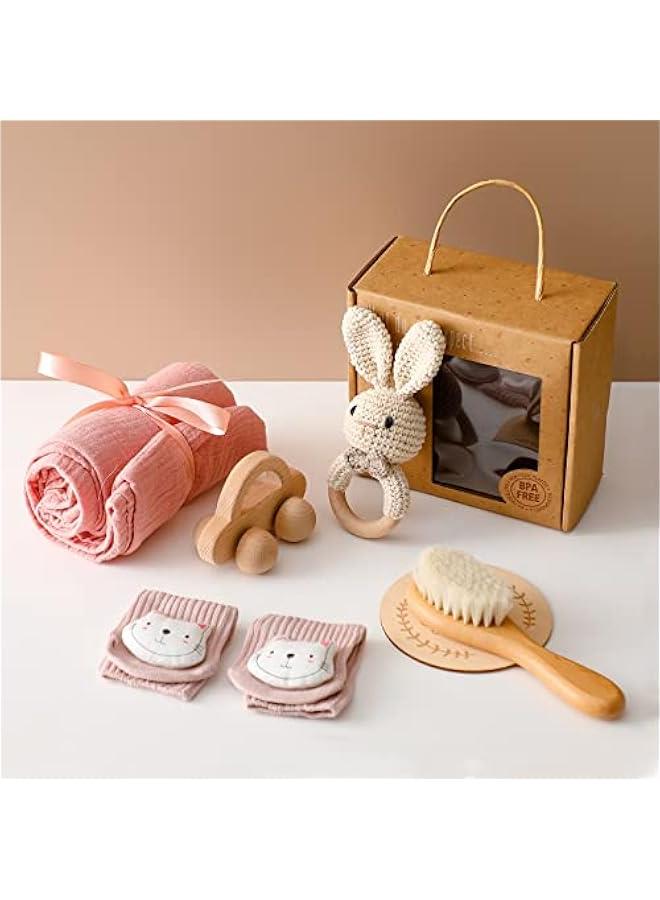 New Born Baby Gift Basket, Baby Boys Girls Shower Gifts with Wooden Rabbit Rattles, 6PCs New Born Essentials Bath Set with Baby Brush,Blanket,Milestones Cards