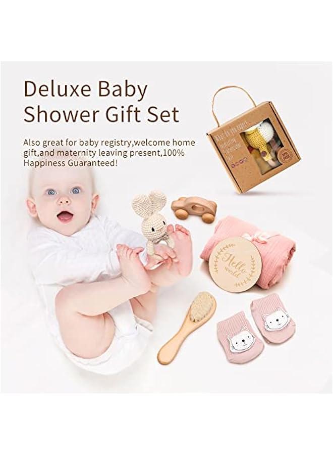 New Born Baby Gift Basket, Baby Boys Girls Shower Gifts with Wooden Rabbit Rattles, 6PCs New Born Essentials Bath Set with Baby Brush,Blanket,Milestones Cards