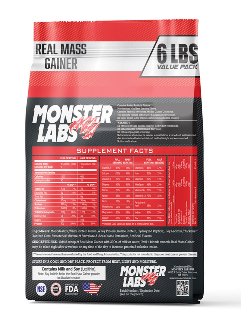 Monster Labs Real Mass Gainer 6 LBS, 16 Servings - High-Calorie Protein Supplement for Muscle Growth (Chocolate)