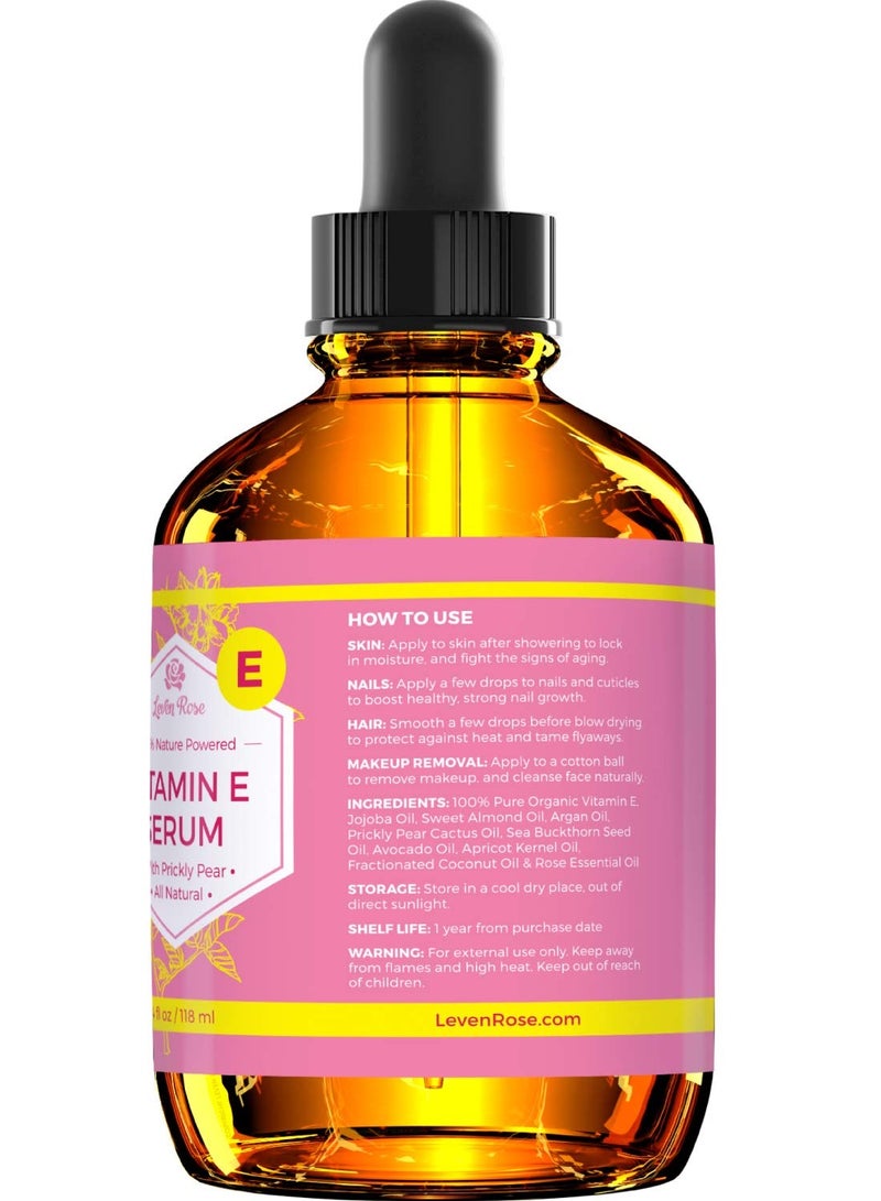 Vitamin E Oil Serum by Leven Rose 100% Pure Organic All Natural Face, Dry Skin & Body Moisturizer Treatment, Hair & Nail Growth Oil, Pure Makeup Remover 4 oz