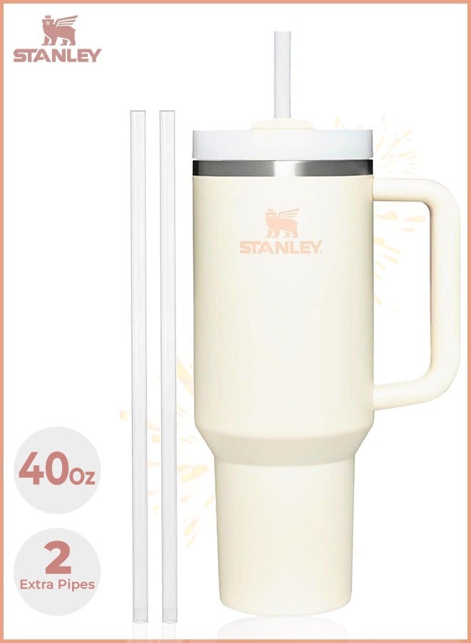 Stanley Quencher H2.0 Flow State 40oz Cream Stainless Steel Vacuum Insulated Tumbler with Lid and 2 Straw for Water and Iced Tea, Cold Retention in Pack of 1 & 2