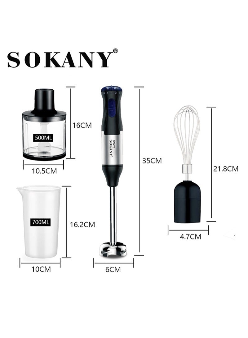 Hand Blender With Two Speed Adjustable 1000 Watt 4-In-1 Stainless Steel Blades Ergonomic Handle With Chopper Whisk 700ml Mixing Beaker Detachable Electric Stick Blender Set